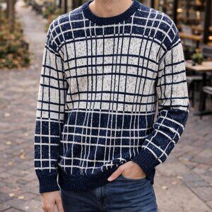 Men's Navy and white Grid Crewneck Sweater